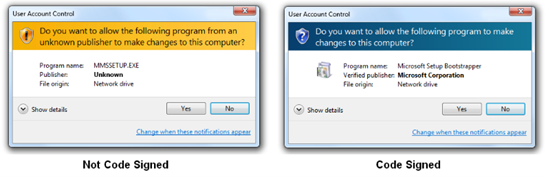 Foto van twee desktop pop-ups, eentje niet code signed en de andere wel.